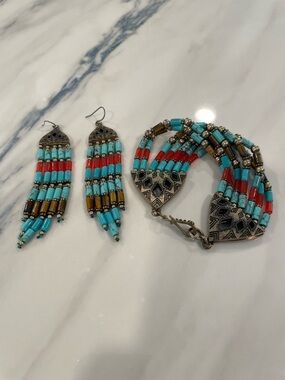 Lucky Brand Turquoise, Orange & Gold Beaded Bracelet with Matching Earrings